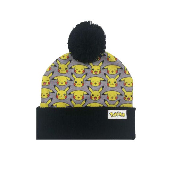 Pokemon Pikachu Faces Logo Kids Beanie With Pom Pom Bioworld