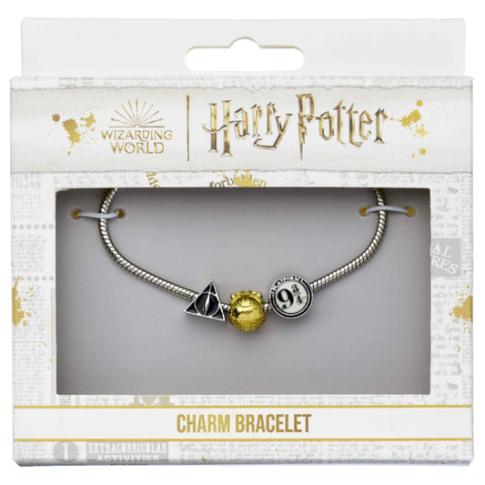 Bracelet plaqué argent Harry Potter avec breloques des reliques de la mort, de la moucharde d'or et de la plateforme 9 3/4